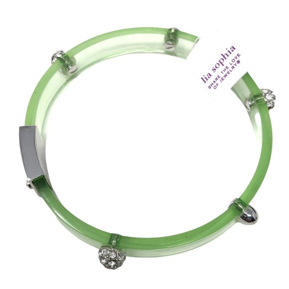 Lia Sophia Glazed Bangle Bracelet Lime Green Lucite & Crystals 8" NWT M553 - Picture 2 of 4
